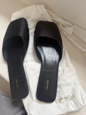 The Row Black Square-Toe Leather Slide Mules